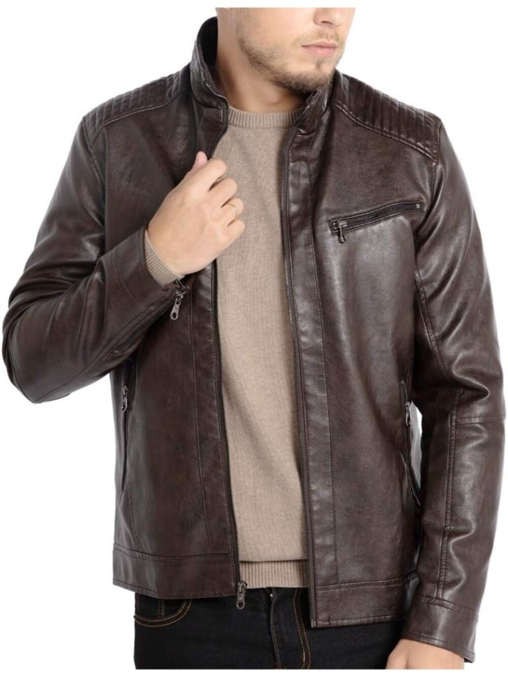 Men’s Coffee Faux Leather Motorcycle Jacket Stand Collar Lightweight Biker Coat